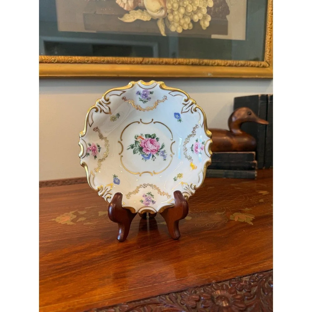 Vintage German Porcelain Trinket Dish, JLMenau Floral Gilt‎ Vanity Bowl
